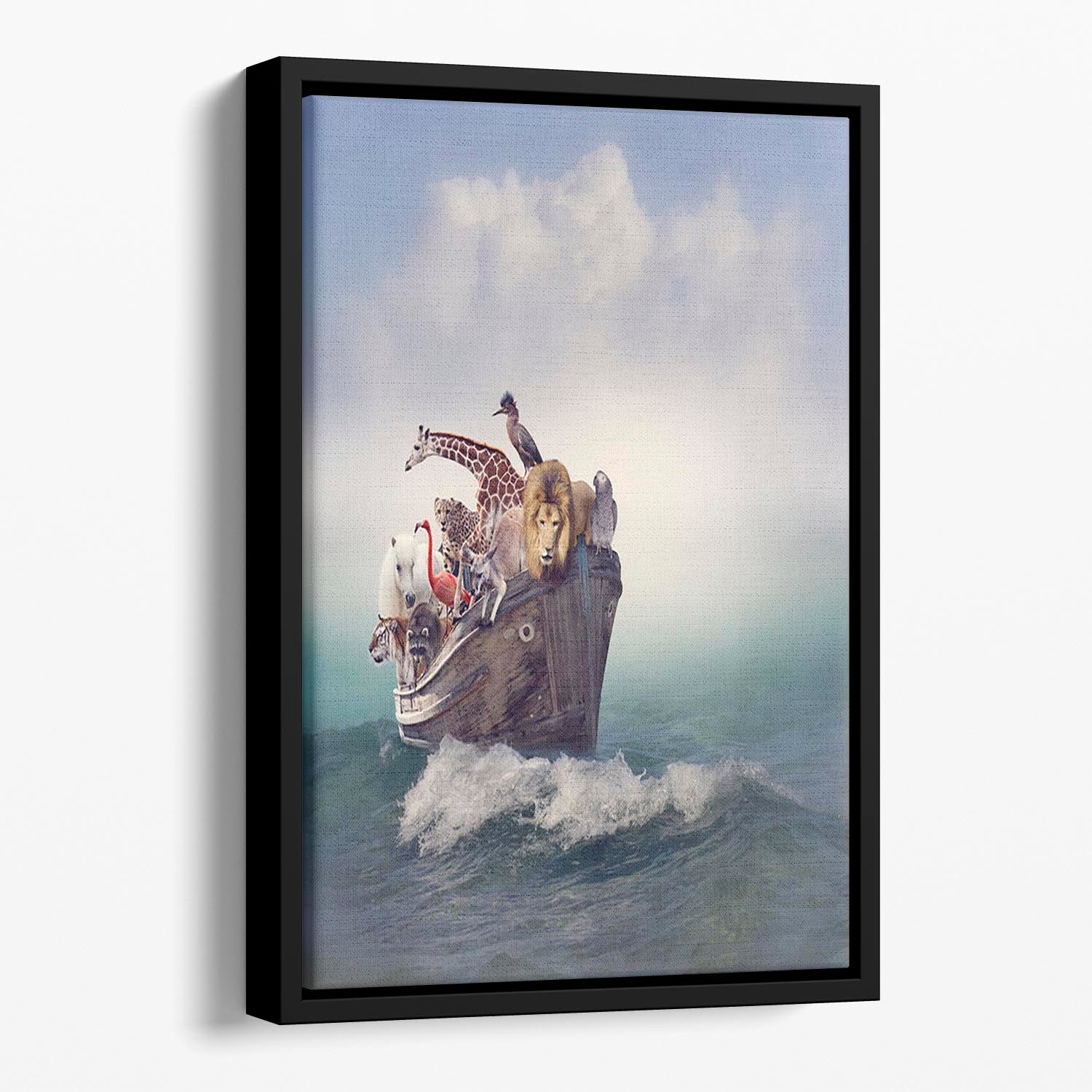 Wild Animals and Birds in an Old Boat Floating Framed Canvas - Canvas Art Rocks - 1