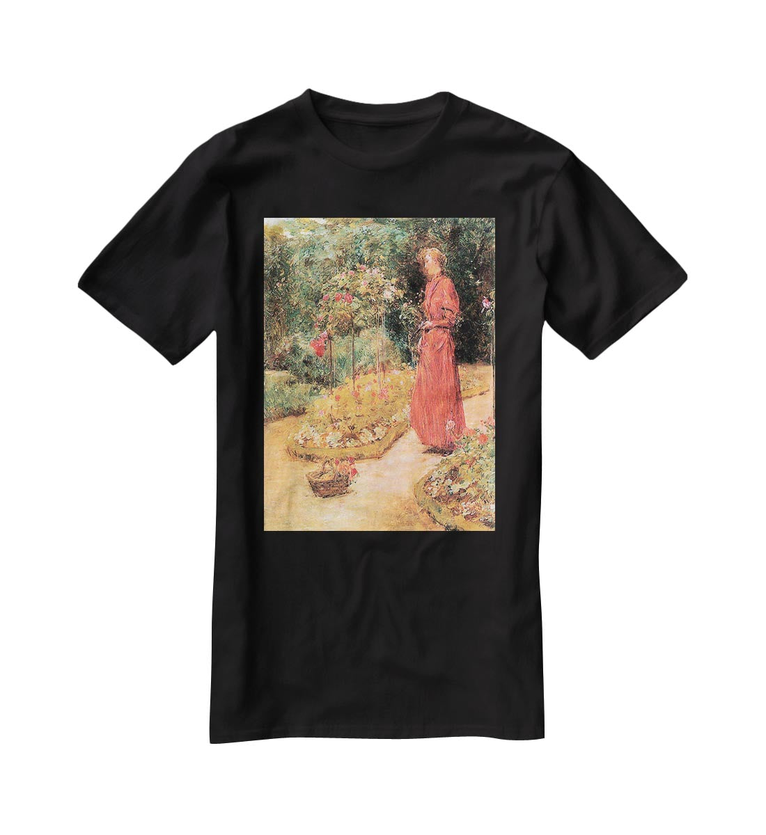 Woman cuts roses in a garden by Hassam T-Shirt - Canvas Art Rocks - 1