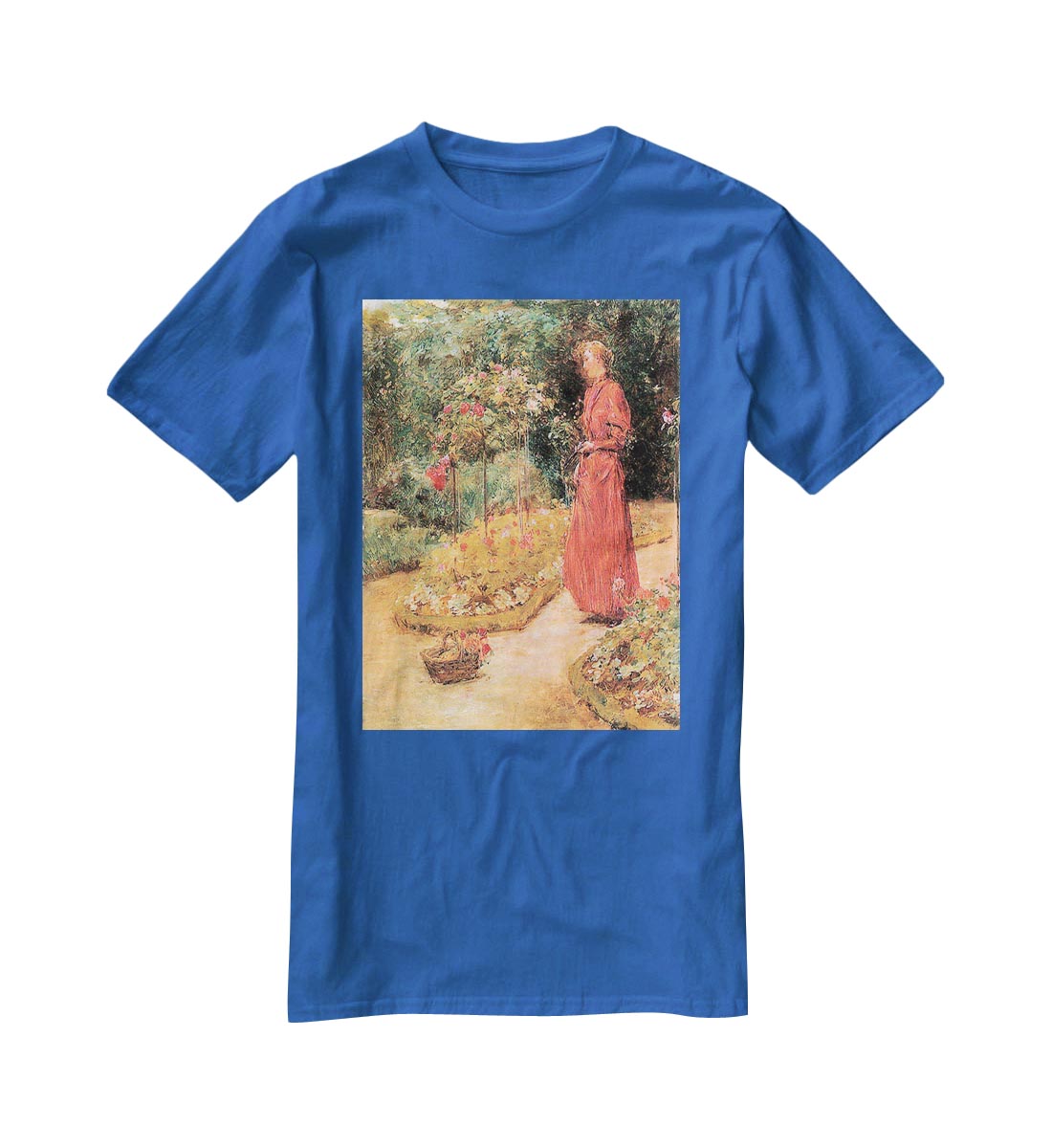 Woman cuts roses in a garden by Hassam T-Shirt - Canvas Art Rocks - 2