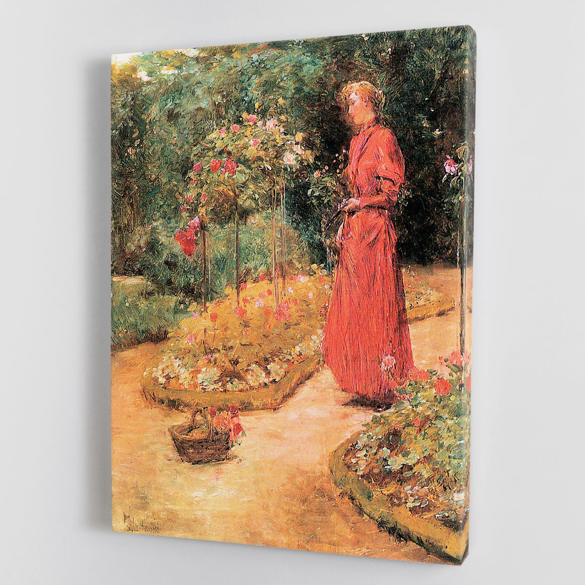 Woman cuts roses in a garden by Hassam Canvas Print or Poster - Canvas Art Rocks - 1