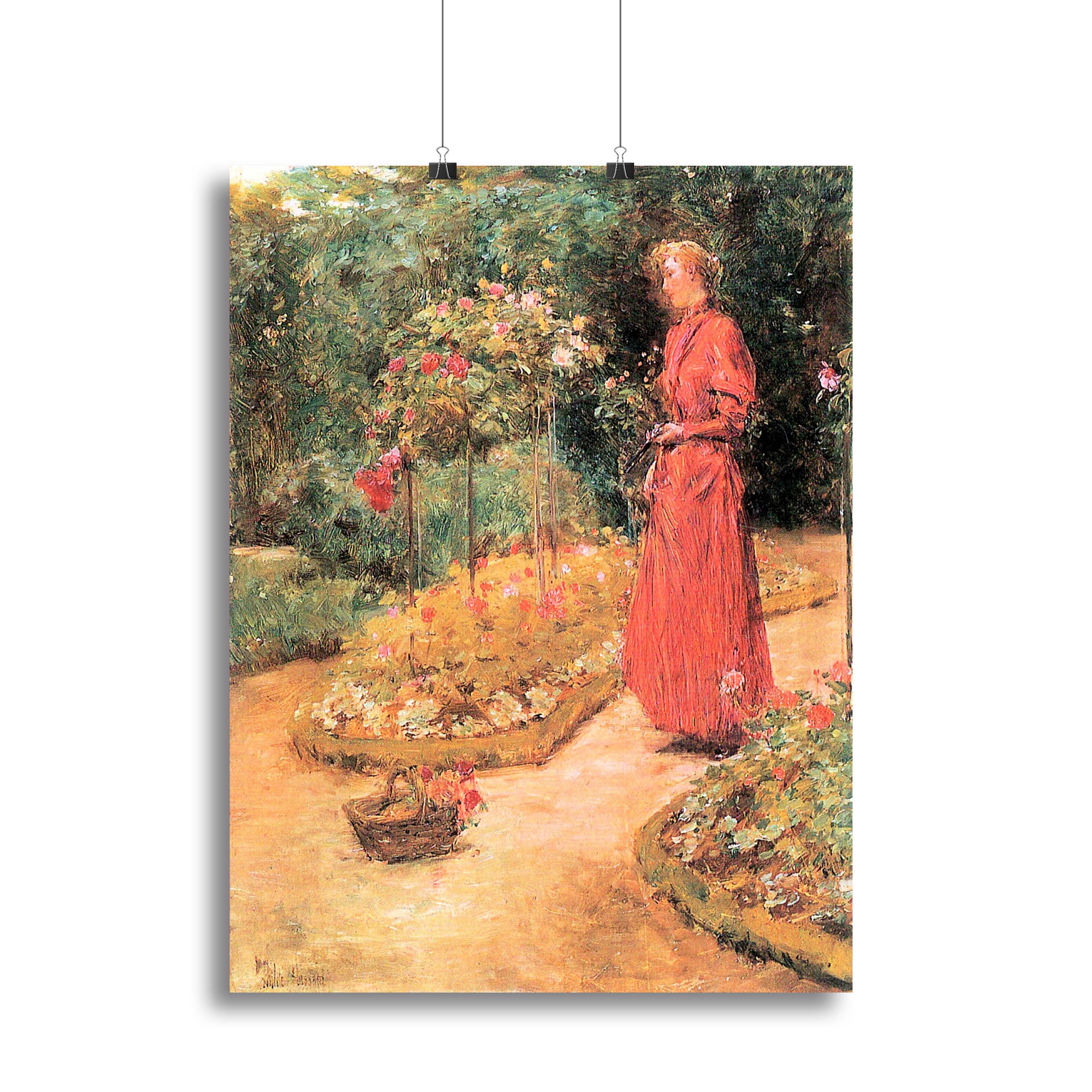 Woman cuts roses in a garden by Hassam Canvas Print or Poster - Canvas Art Rocks - 2