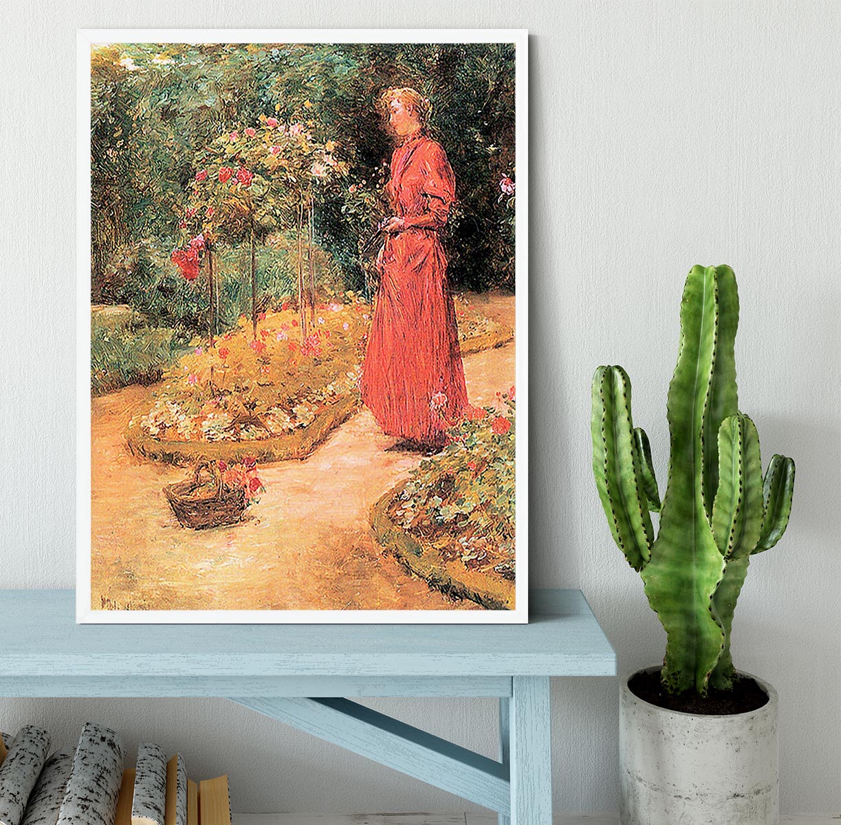 Woman cuts roses in a garden by Hassam Framed Print - Canvas Art Rocks -6