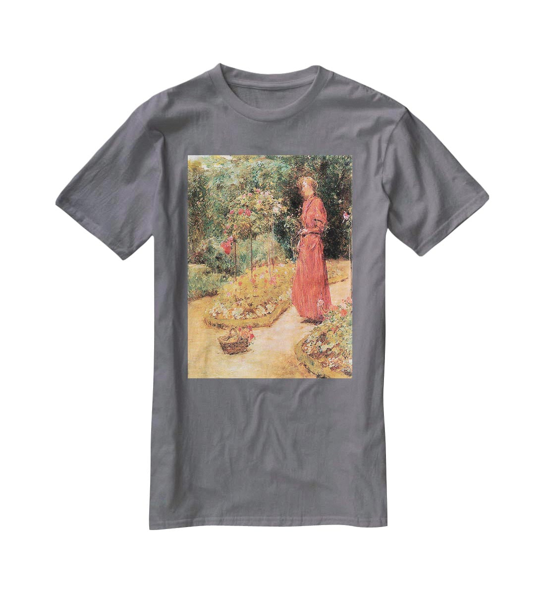 Woman cuts roses in a garden by Hassam T-Shirt - Canvas Art Rocks - 3