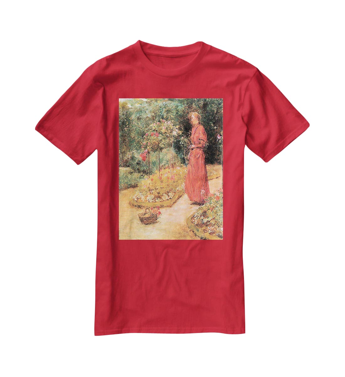 Woman cuts roses in a garden by Hassam T-Shirt - Canvas Art Rocks - 4