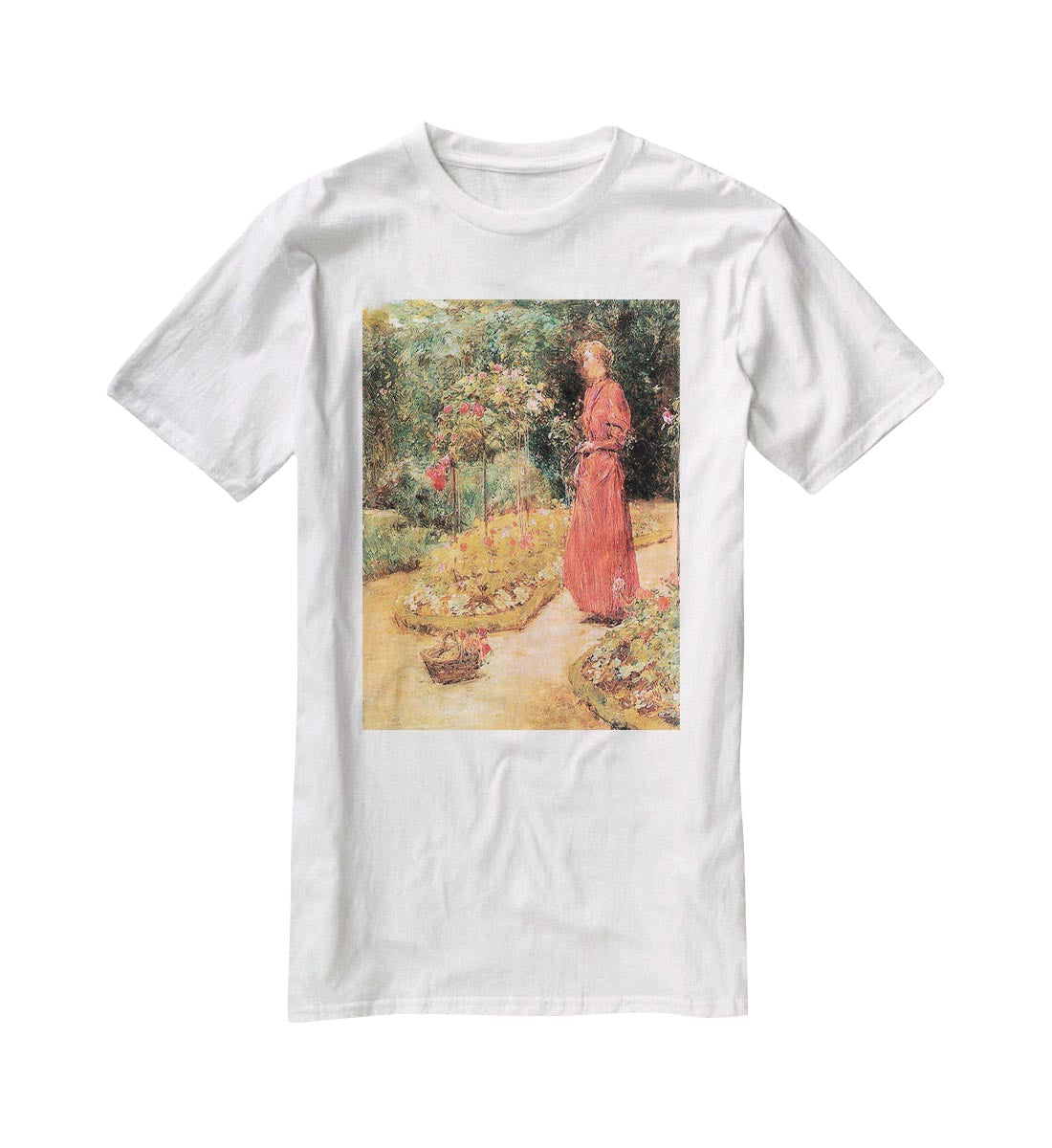 Woman cuts roses in a garden by Hassam T-Shirt - Canvas Art Rocks - 5