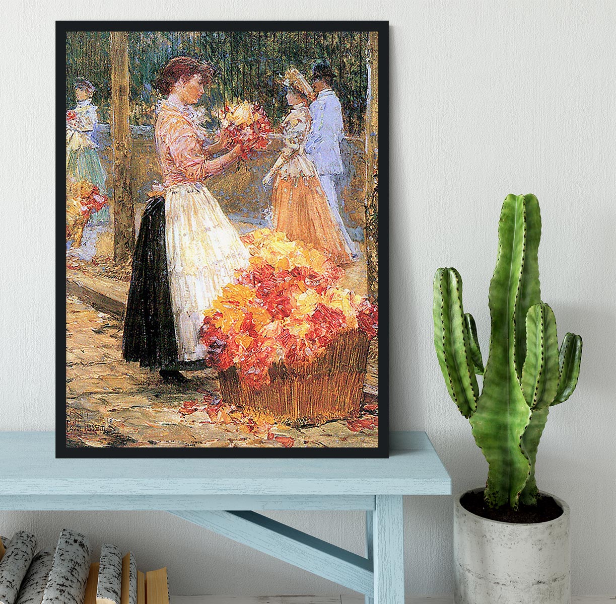 Woman sells flowers by Hassam Framed Print - Canvas Art Rocks - 2