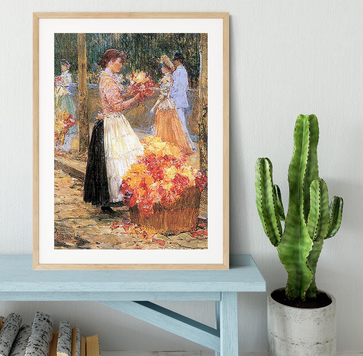 Woman sells flowers by Hassam Framed Print - Canvas Art Rocks - 3