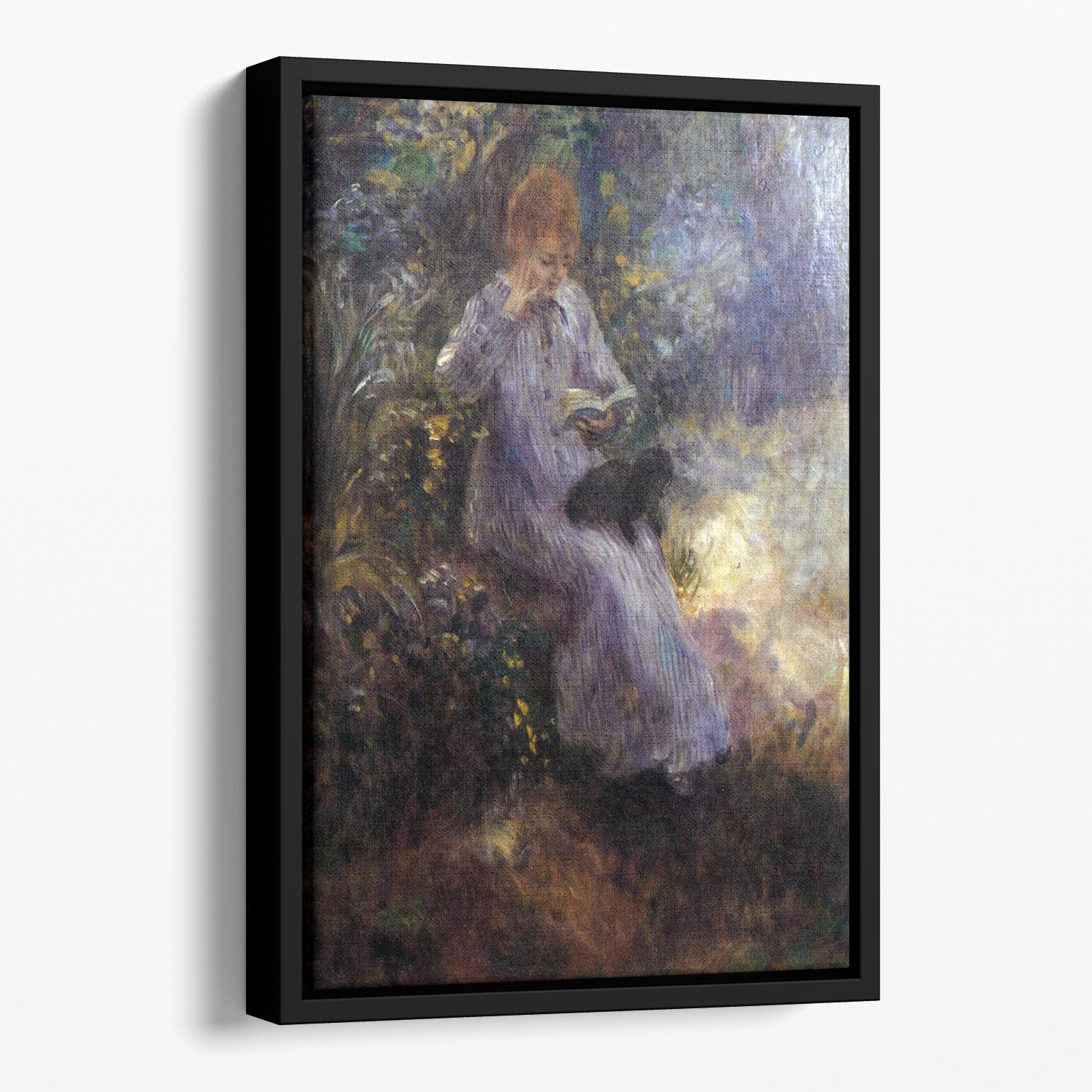 Woman with a black dog by Renoir Floating Framed Canvas