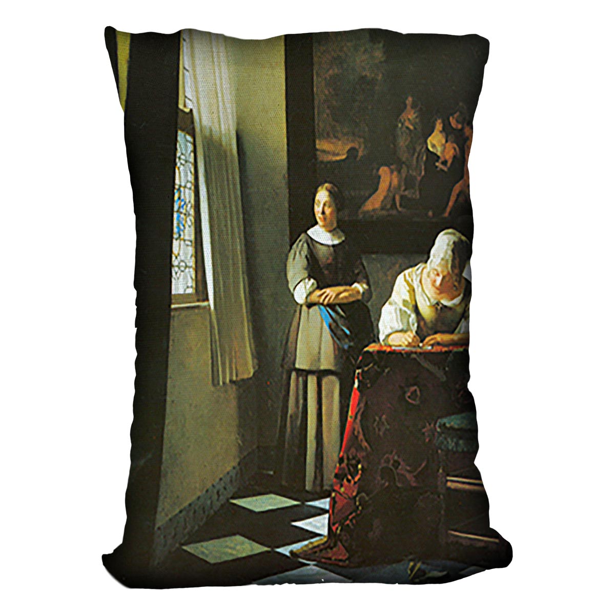 Woman with messenger by Vermeer Cushion