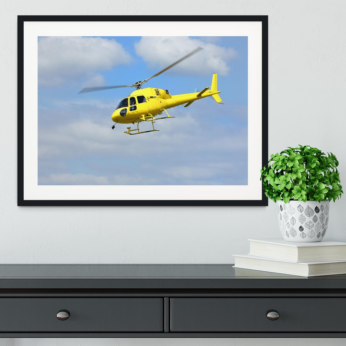 Yellow helicopter in the air Framed Print - Canvas Art Rocks - 1