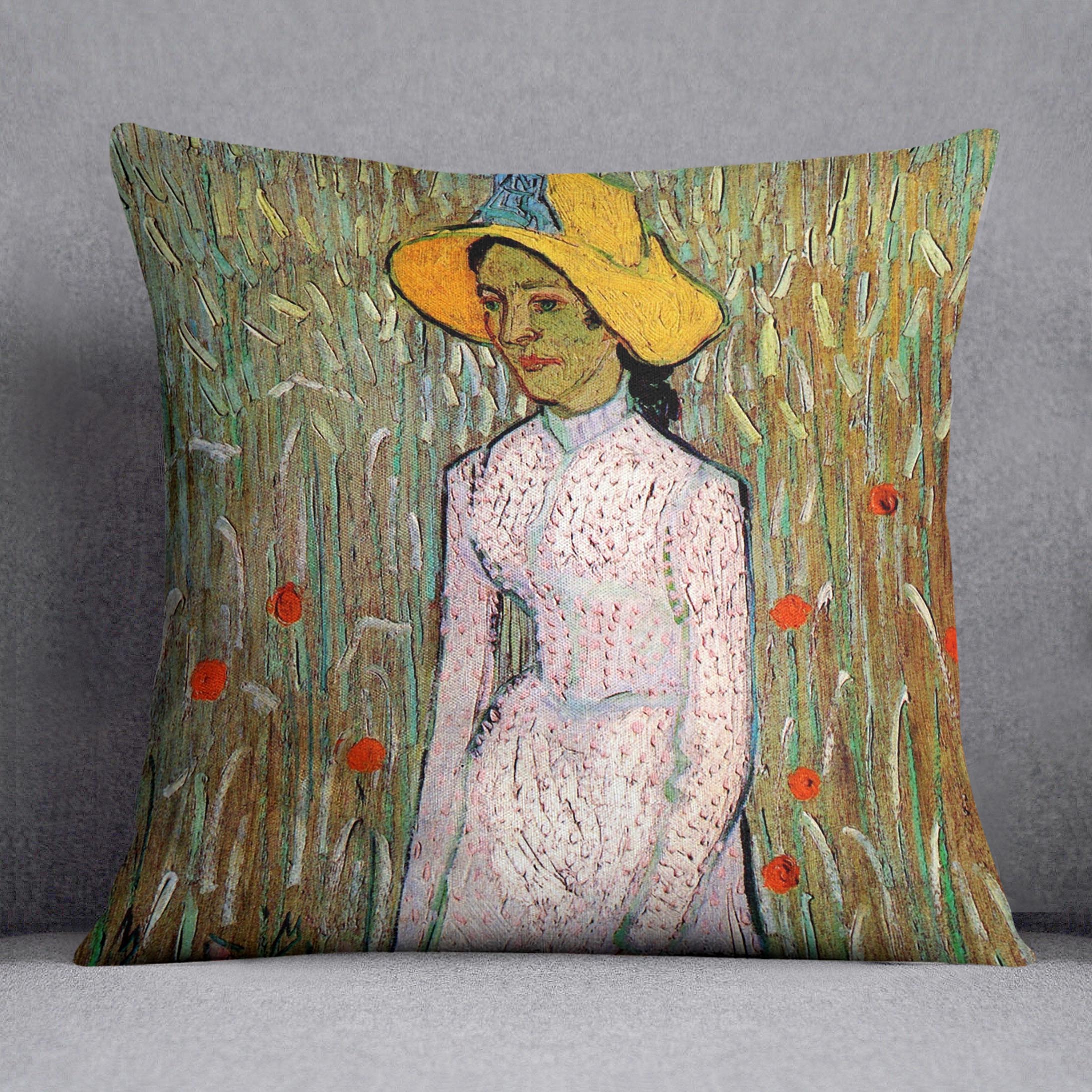 Young Girl Standing Against a Background of Wheat by Van Gogh Cushion