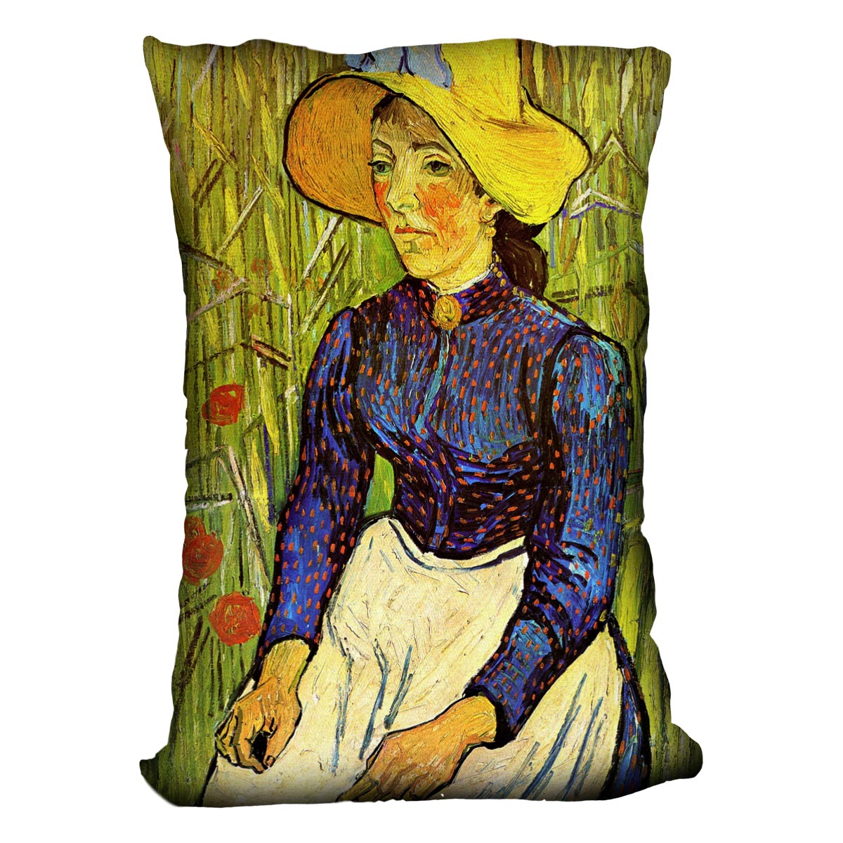 Young Peasant Woman with Straw Hat Sitting in the Wheat by Van Gogh Cushion