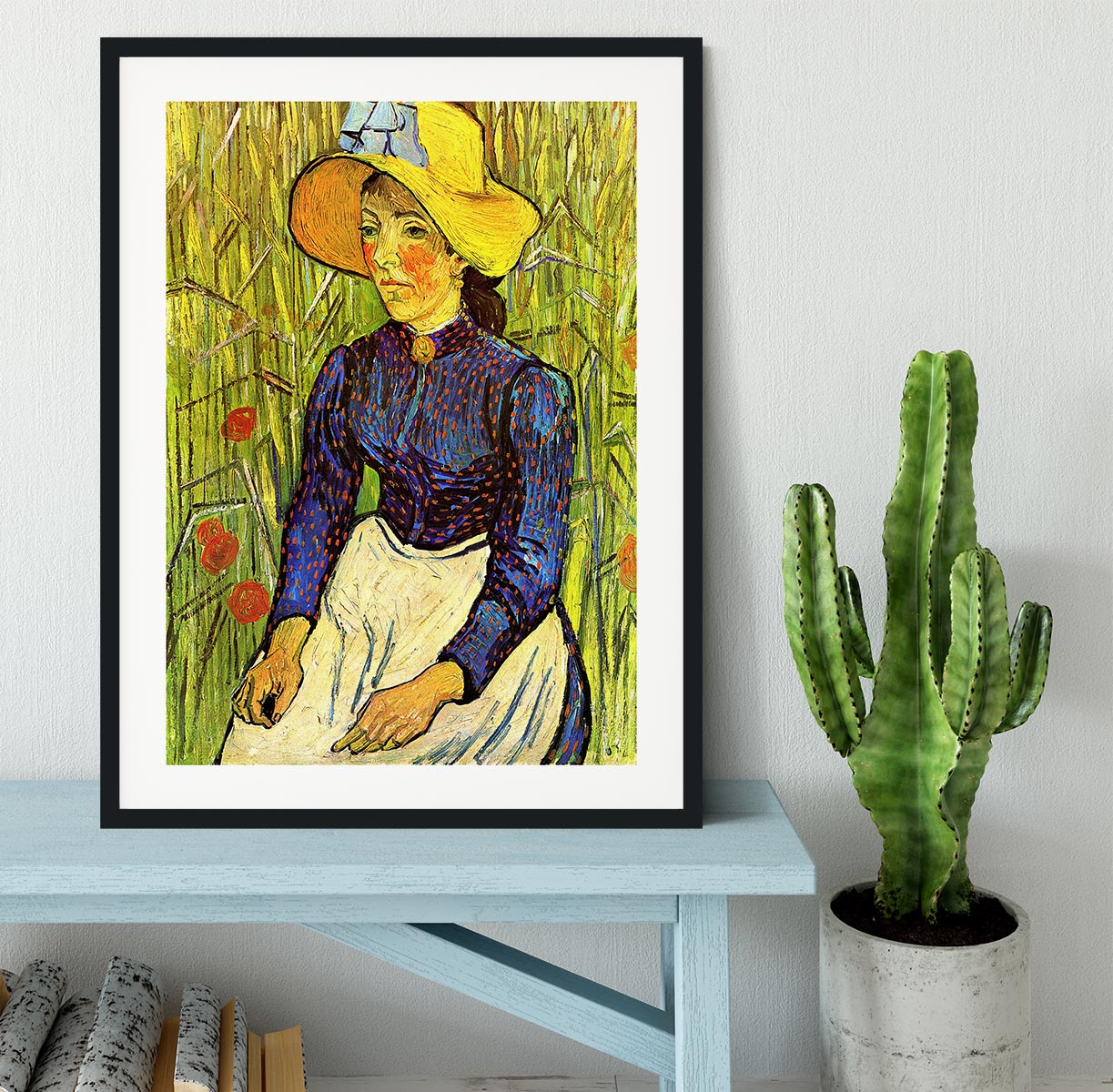Young Peasant Woman with Straw Hat Sitting in the Wheat by Van Gogh Framed Print - Canvas Art Rocks - 1