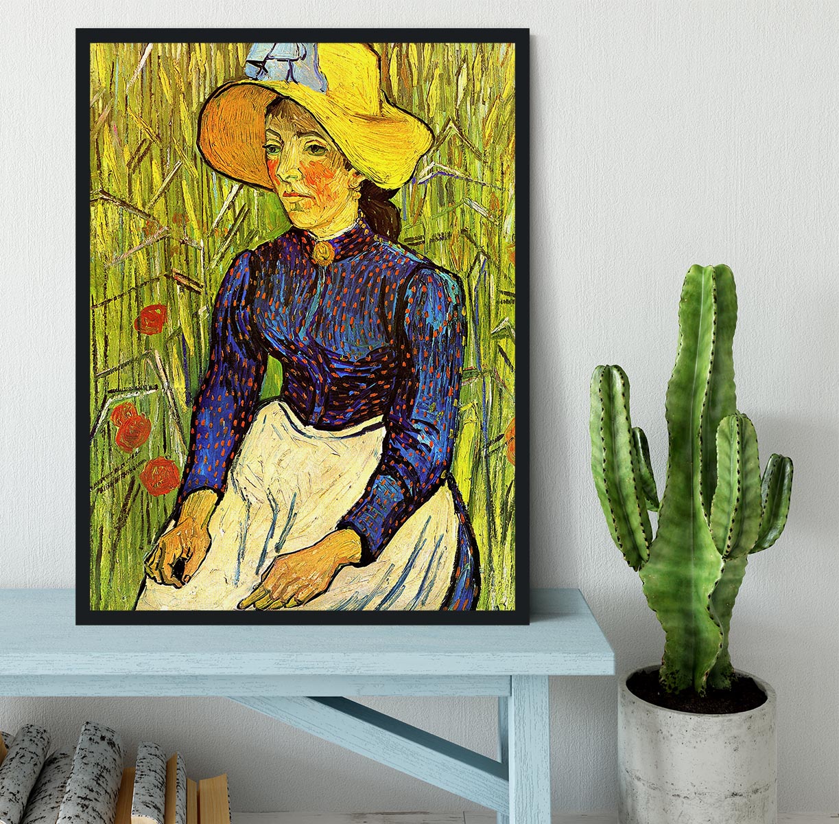 Young Peasant Woman with Straw Hat Sitting in the Wheat by Van Gogh Framed Print - Canvas Art Rocks - 2
