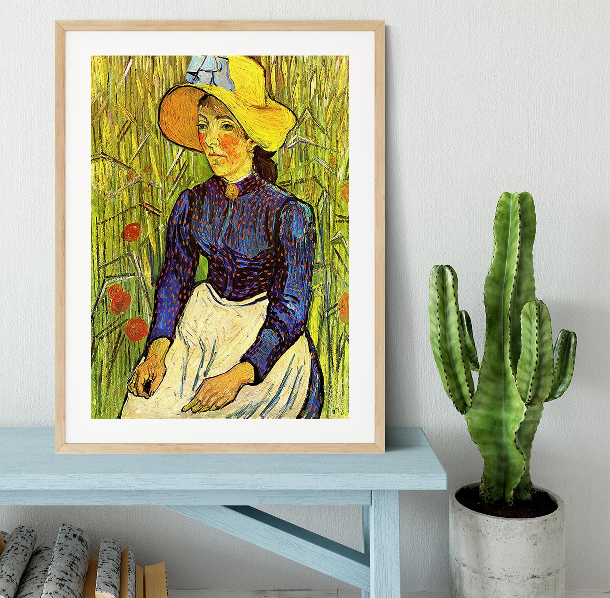 Young Peasant Woman with Straw Hat Sitting in the Wheat by Van Gogh Framed Print - Canvas Art Rocks - 3