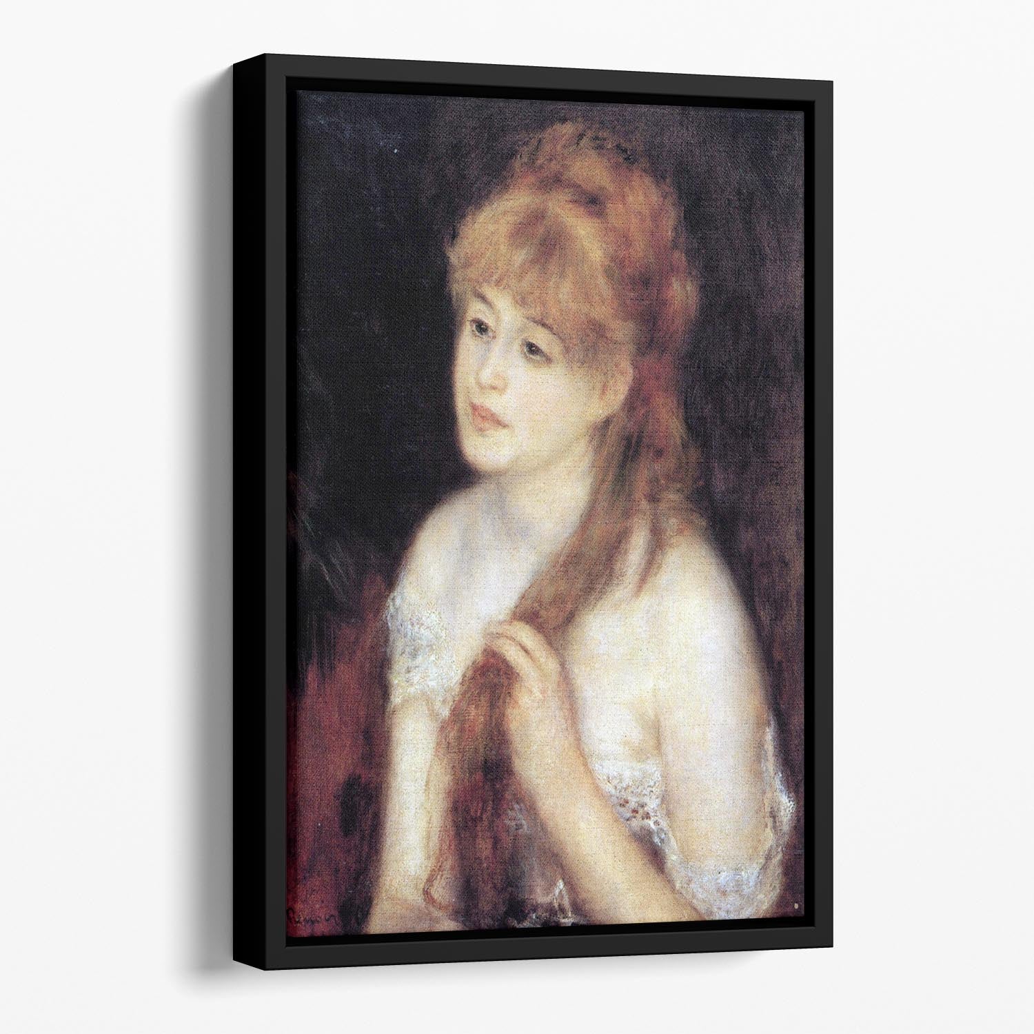 Young woman strokes her hair by Renoir Floating Framed Canvas