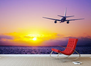 airplane in the sky over ocean Wall Mural Wallpaper - Canvas Art Rocks - 2