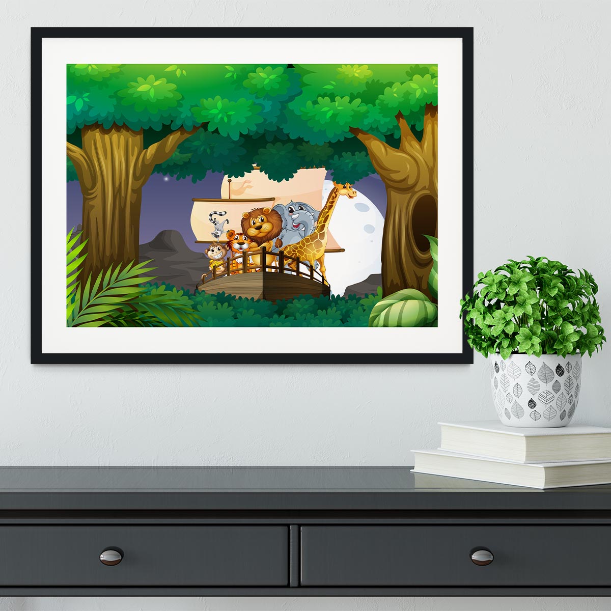 animals on boat in the jungle Framed Print - Canvas Art Rocks - 1