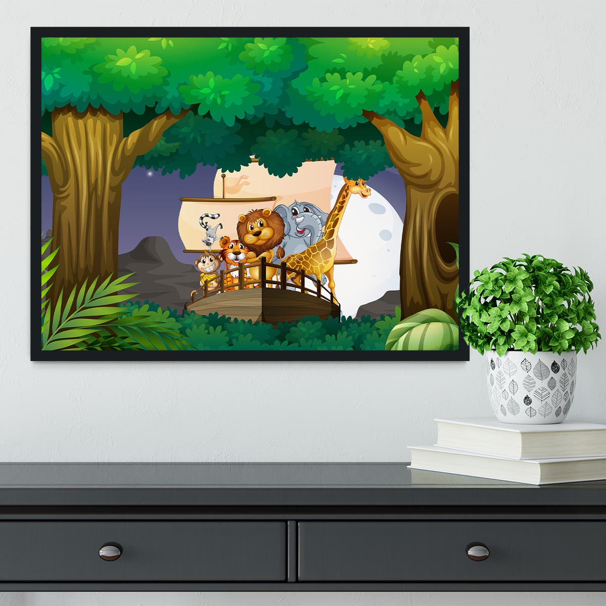 animals on boat in the jungle Framed Print - Canvas Art Rocks - 2