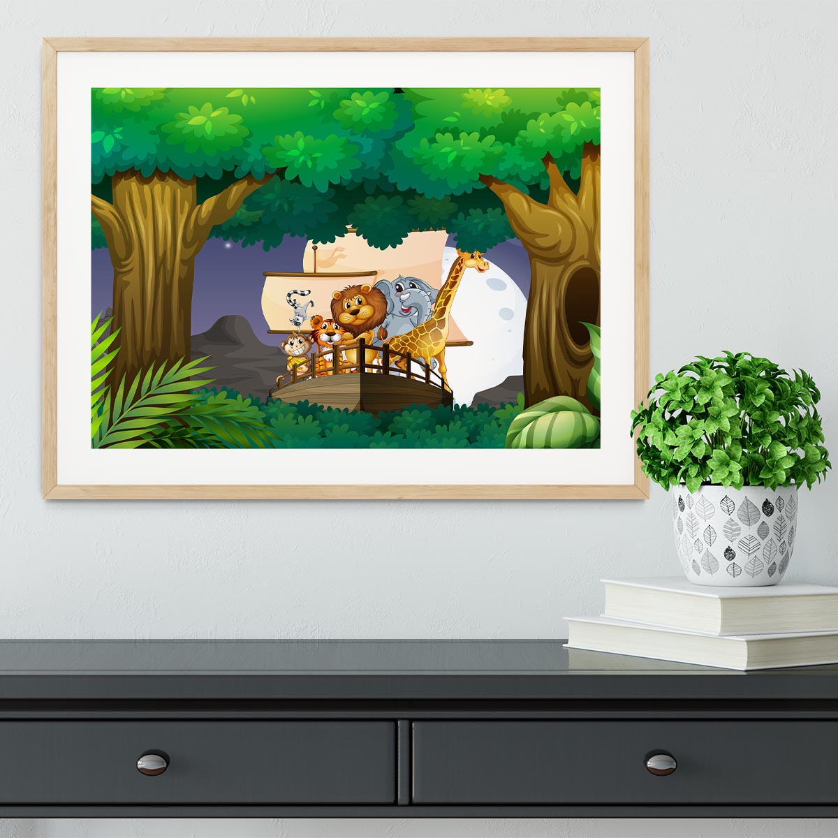 animals on boat in the jungle Framed Print - Canvas Art Rocks - 3
