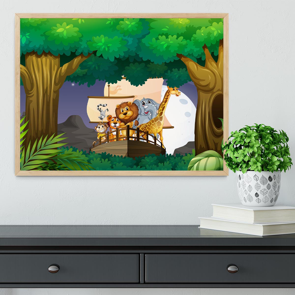 animals on boat in the jungle Framed Print - Canvas Art Rocks - 4