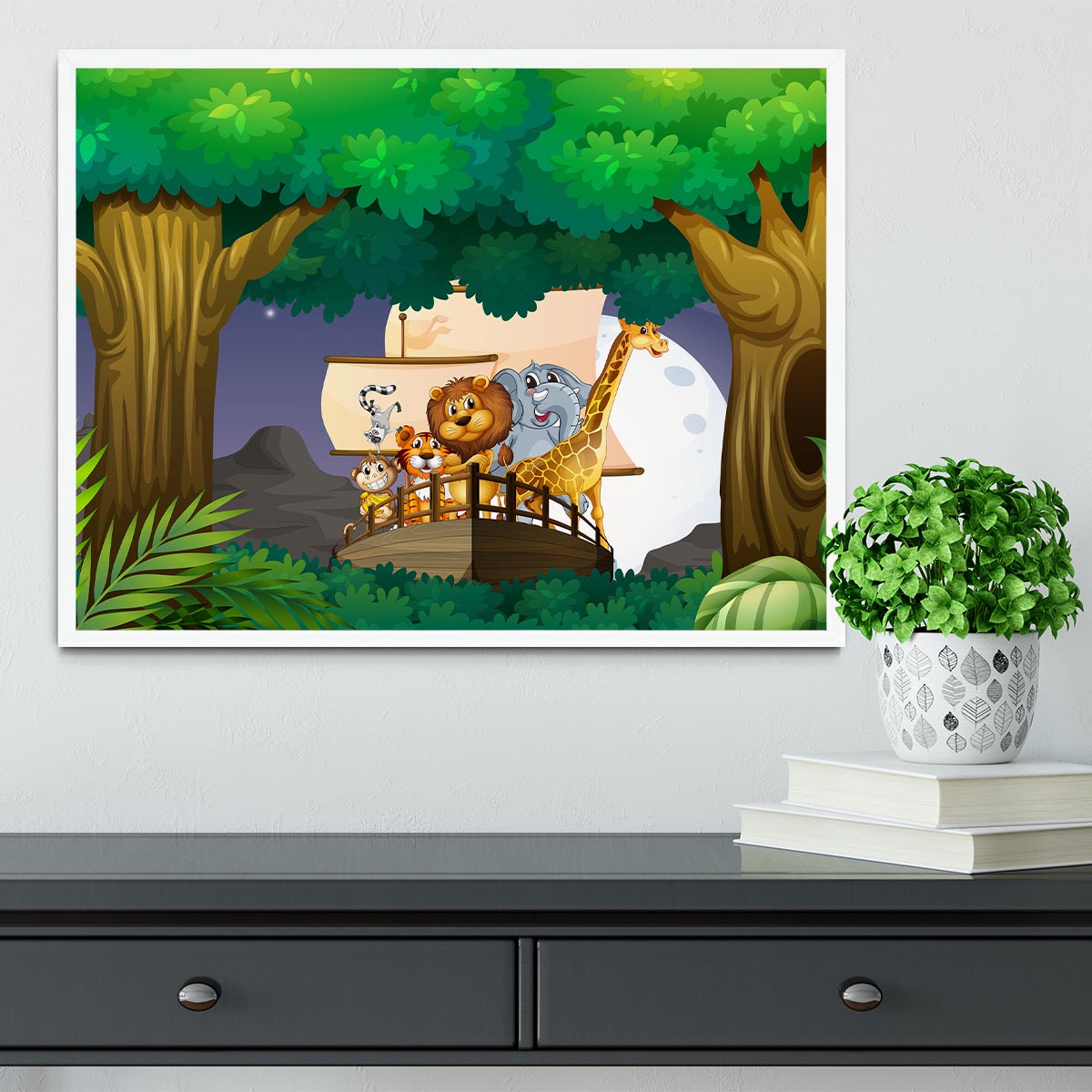 animals on boat in the jungle Framed Print - Canvas Art Rocks -6