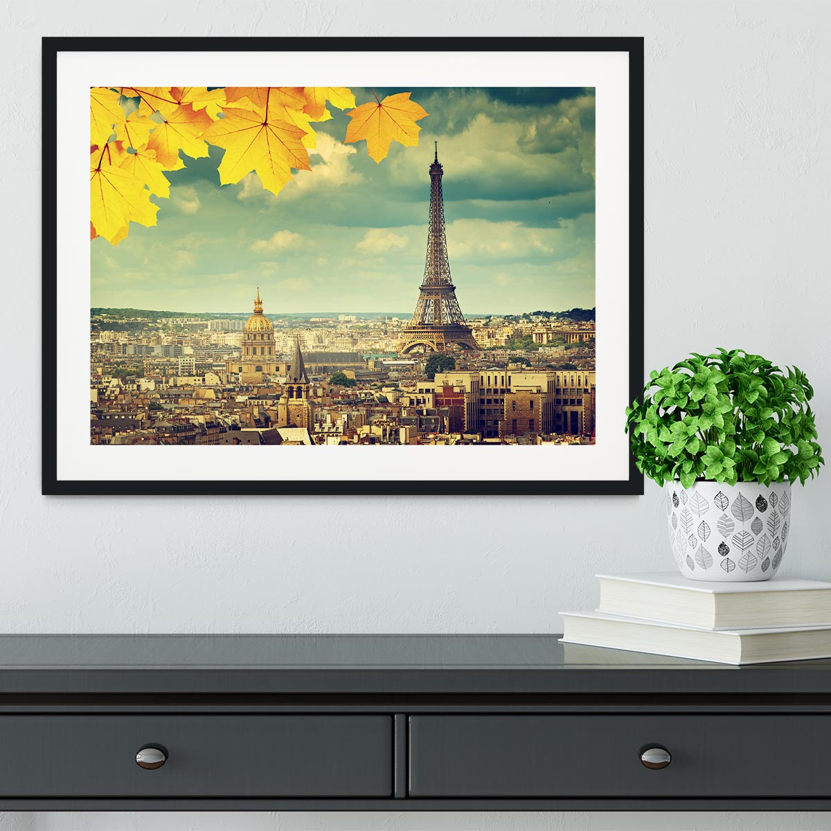 autumn leaves in Paris and Eiffel tower Framed Print - Canvas Art Rocks - 1