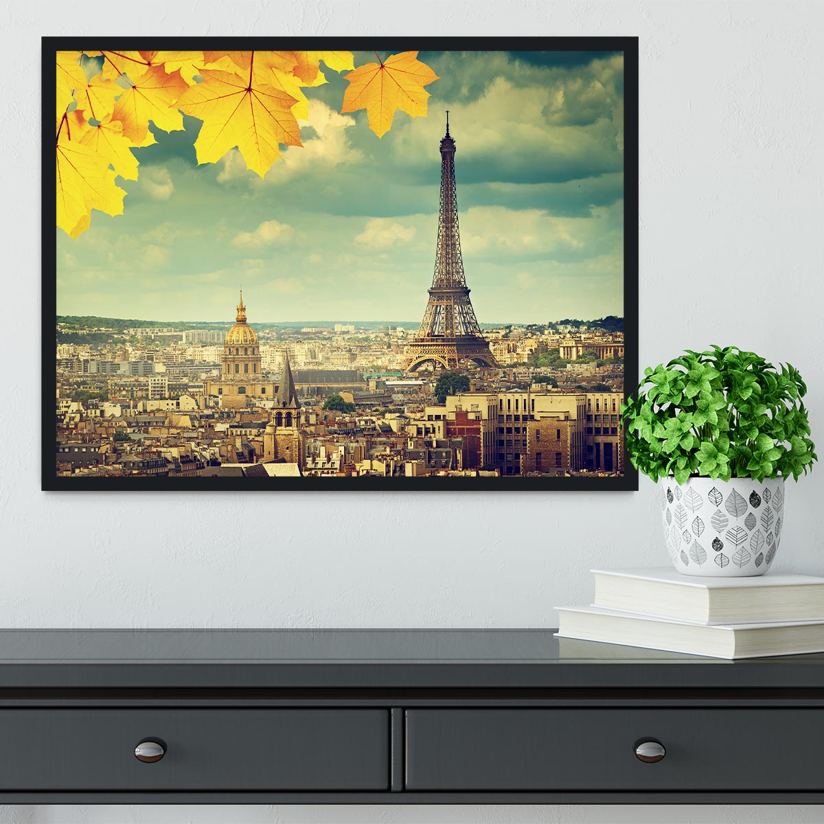 autumn leaves in Paris and Eiffel tower Framed Print - Canvas Art Rocks - 2