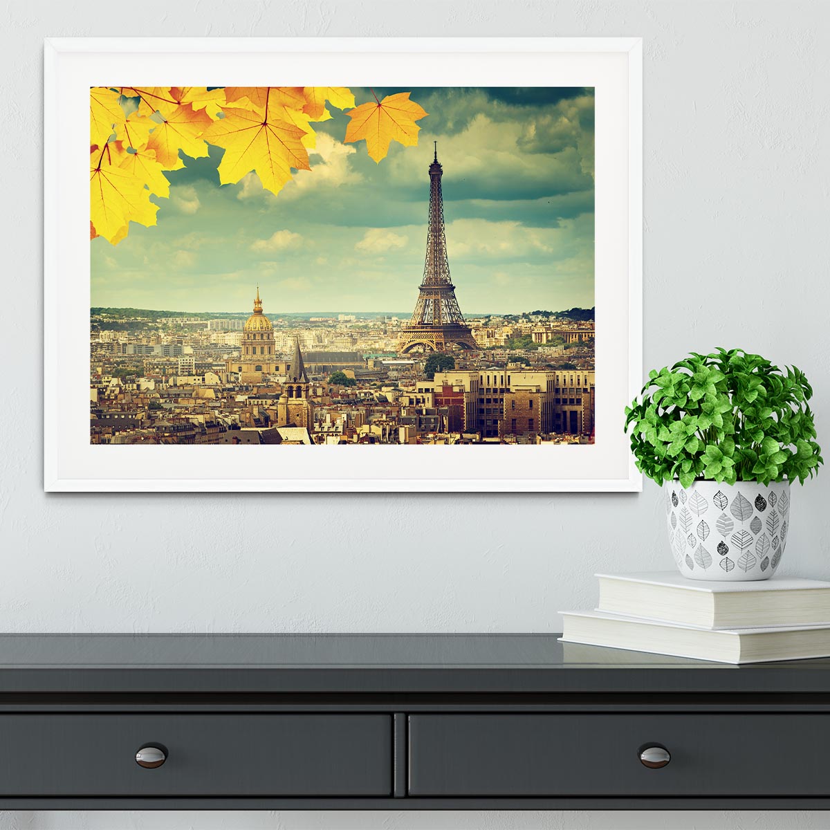 autumn leaves in Paris and Eiffel tower Framed Print - Canvas Art Rocks - 5