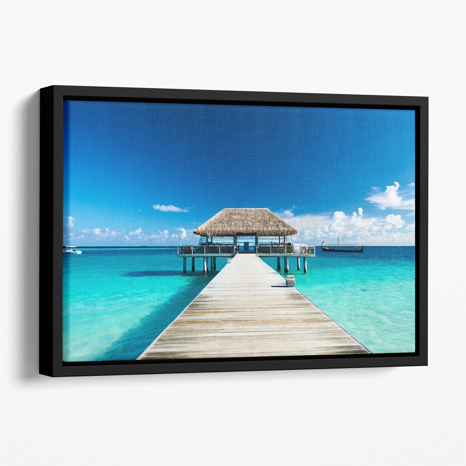 beach with jetty at Maldives Floating Framed Canvas