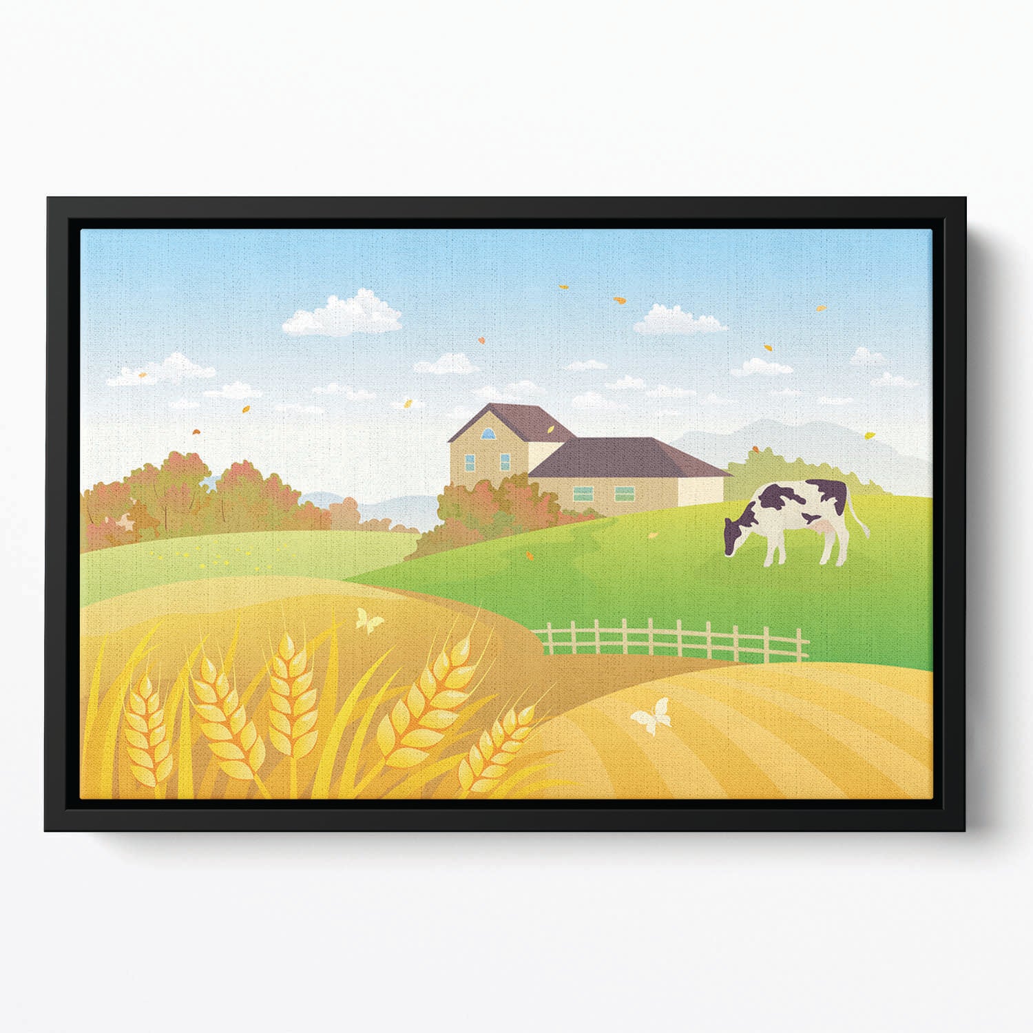 beautiful fall countryside scene with a grazing cow Floating Framed Canvas