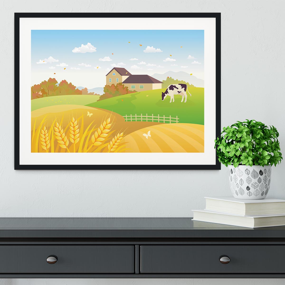 beautiful fall countryside scene with a grazing cow Framed Print - Canvas Art Rocks - 1