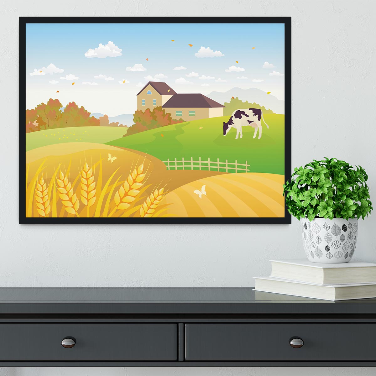 beautiful fall countryside scene with a grazing cow Framed Print - Canvas Art Rocks - 2