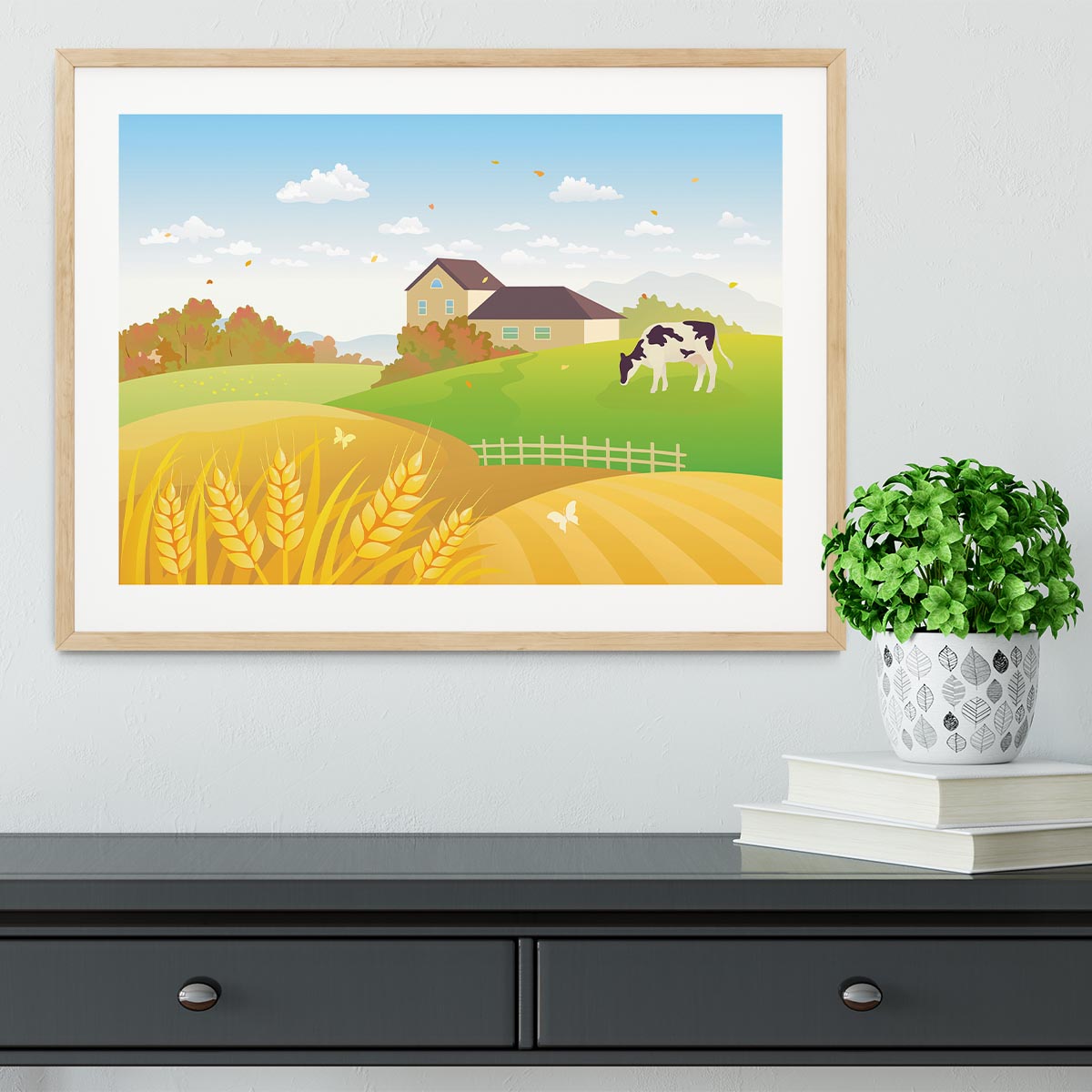 beautiful fall countryside scene with a grazing cow Framed Print - Canvas Art Rocks - 3