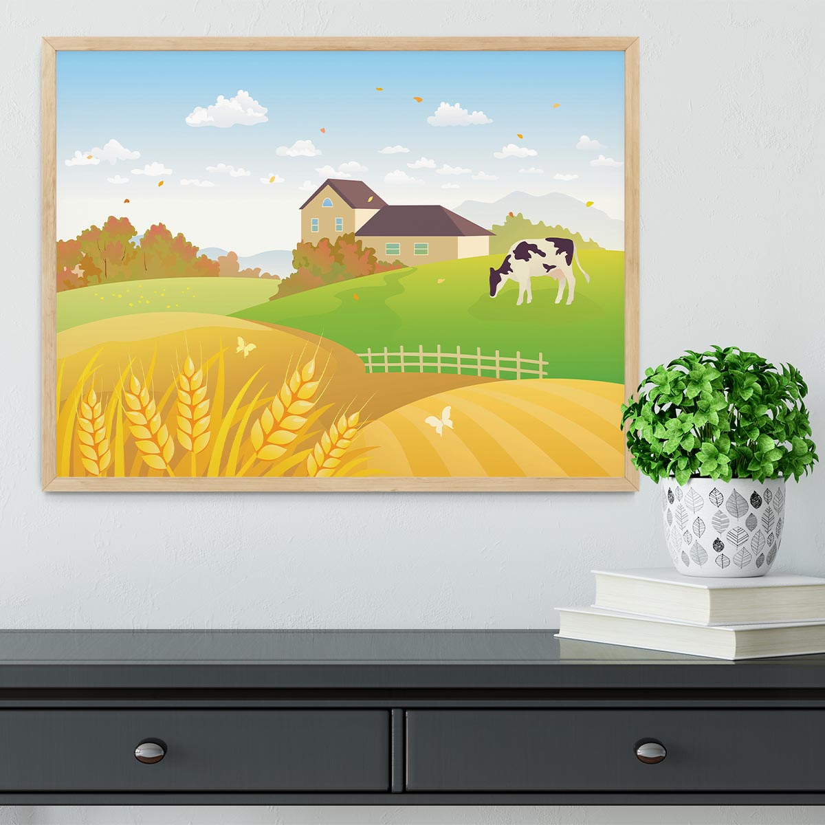 beautiful fall countryside scene with a grazing cow Framed Print - Canvas Art Rocks - 4