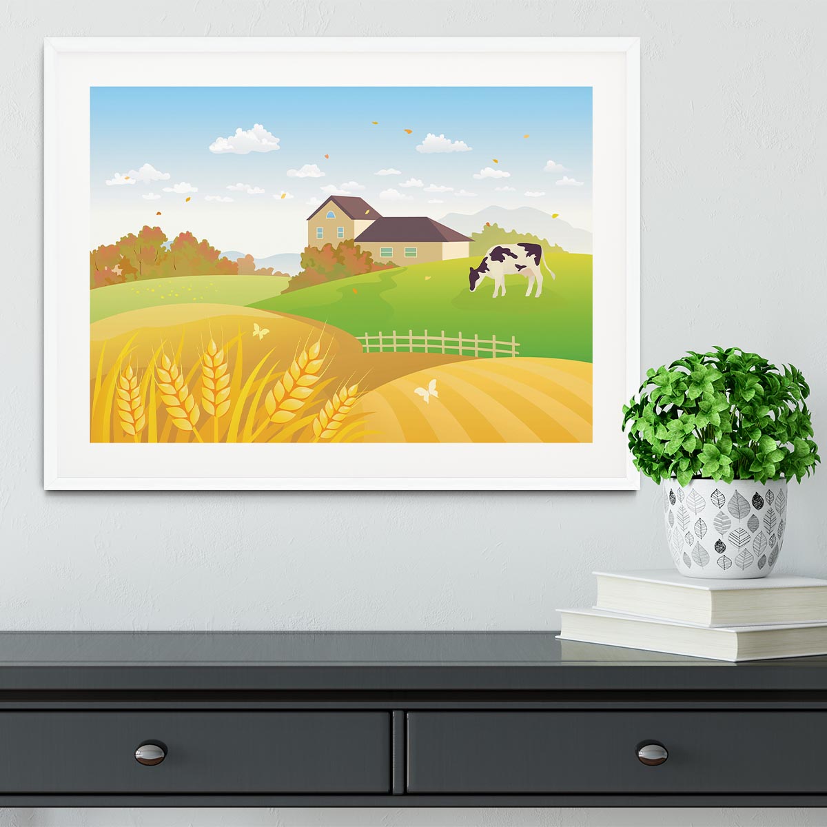 beautiful fall countryside scene with a grazing cow Framed Print - Canvas Art Rocks - 5