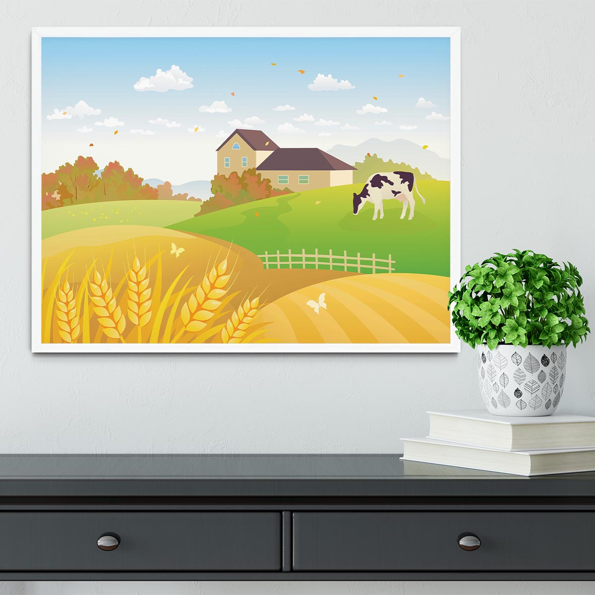 beautiful fall countryside scene with a grazing cow Framed Print - Canvas Art Rocks -6