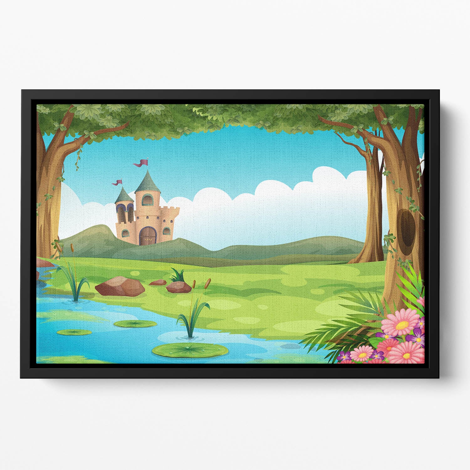castle and a pond Floating Framed Canvas
