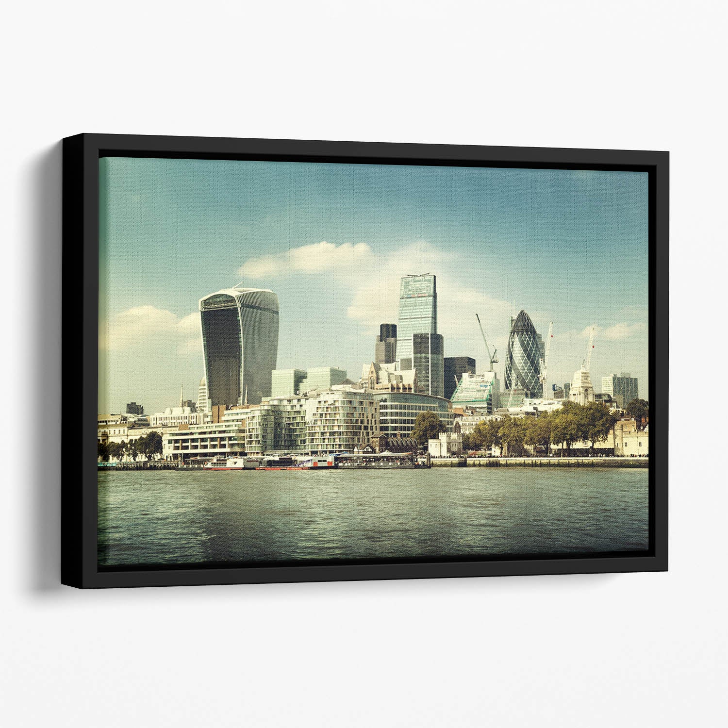 city skyline from the River Thames Floating Framed Canvas