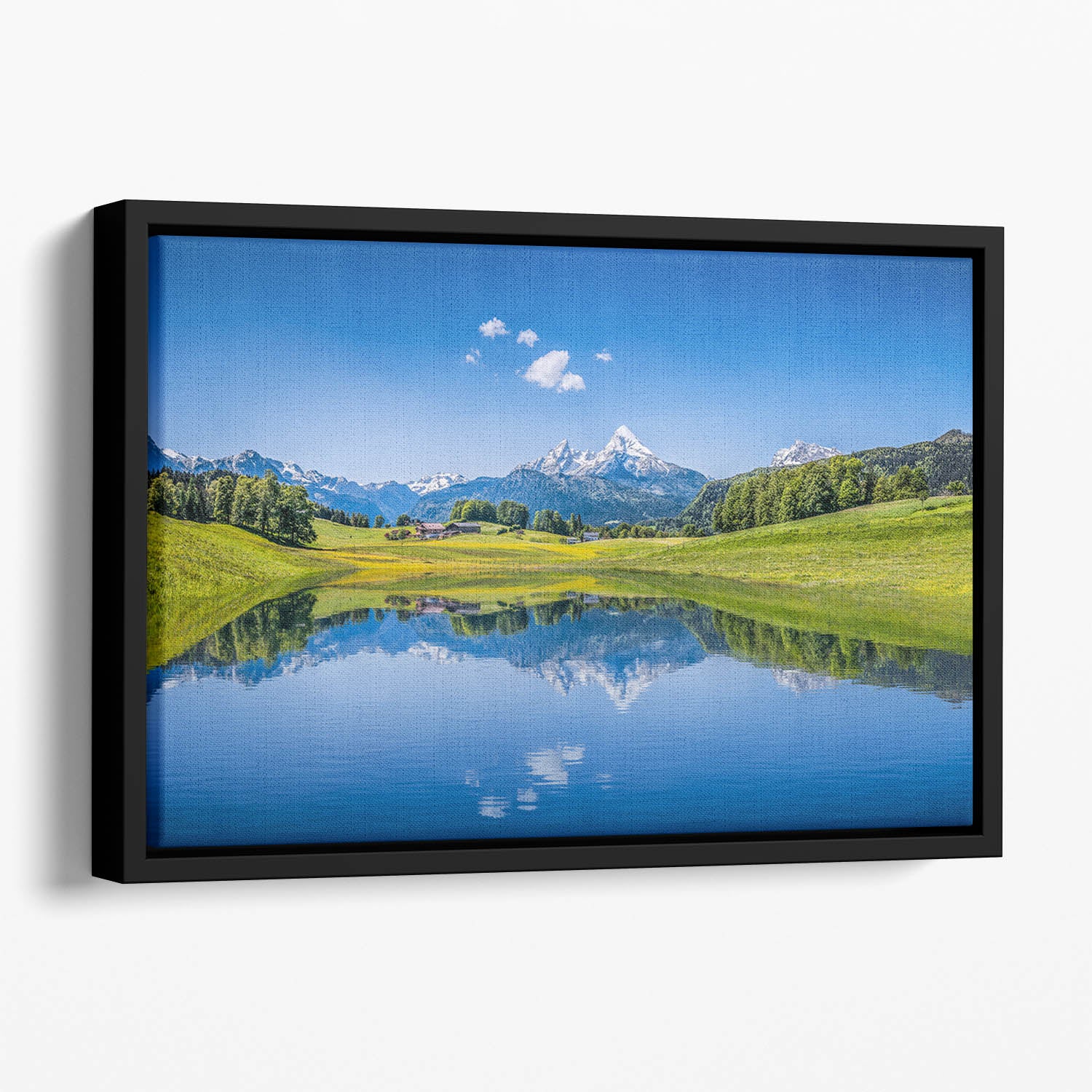 clear mountain lake and fresh green Floating Framed Canvas