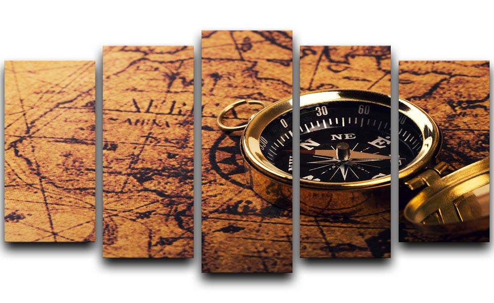 compass on vintage world map 5 Split Panel Canvas  - Canvas Art Rocks - 1