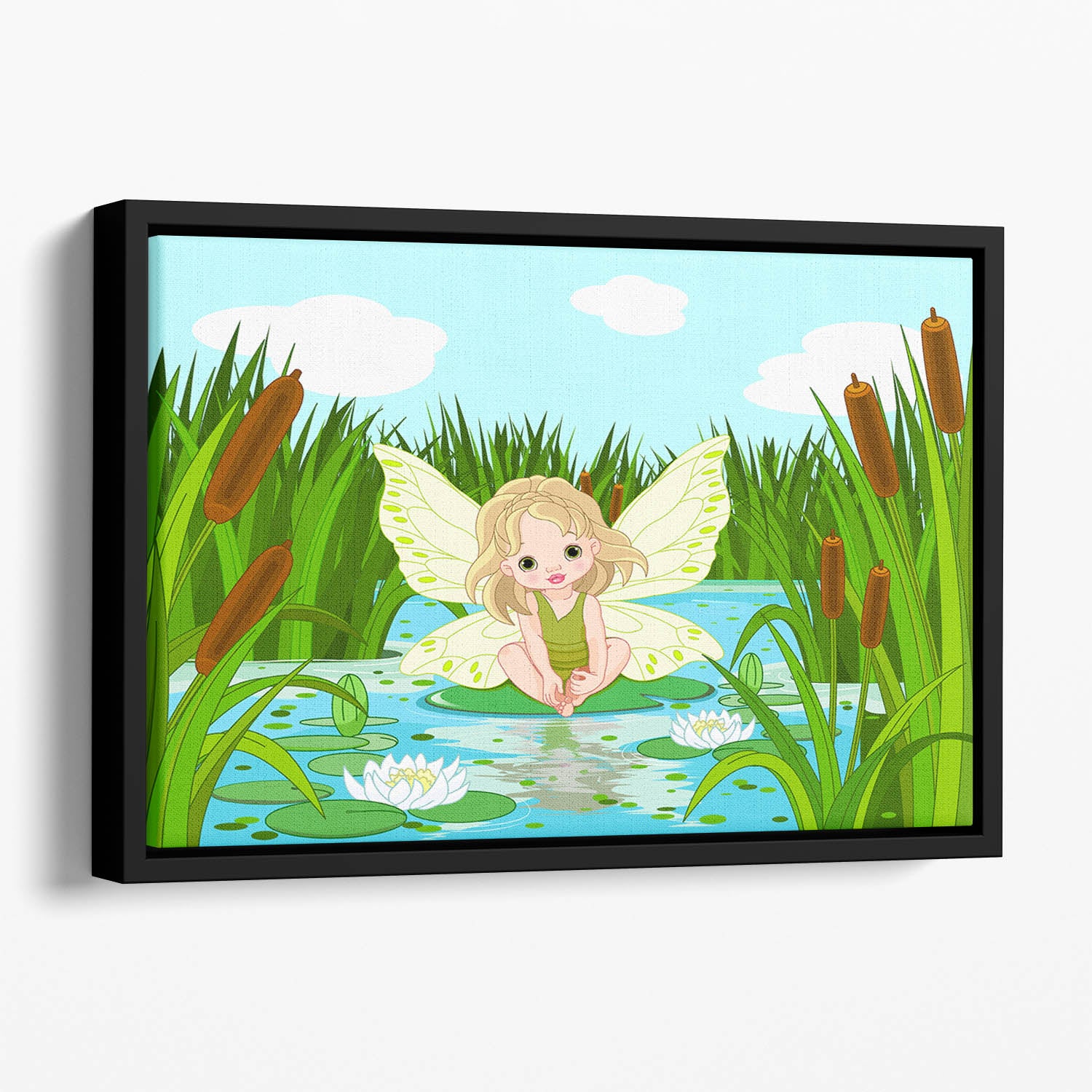 cute fairy sitting in leaf of lily Floating Framed Canvas