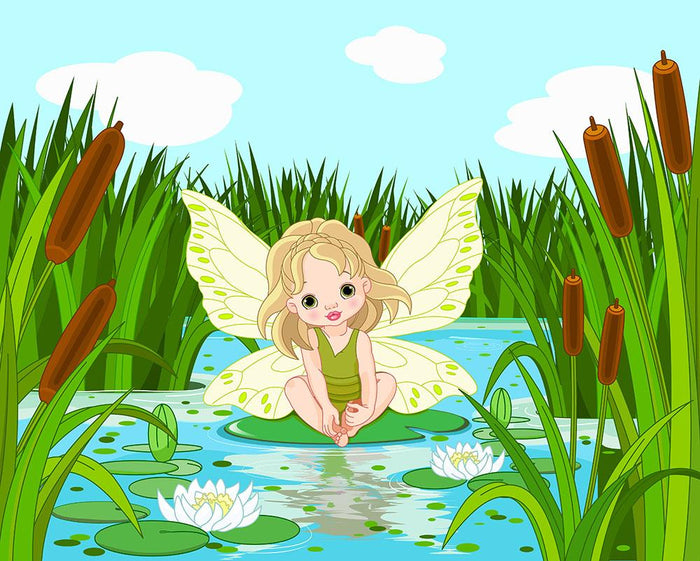 cute fairy sitting in leaf of lily Wall Mural Wallpaper