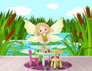 cute fairy sitting in leaf of lily Wall Mural Wallpaper - Canvas Art Rocks - 2