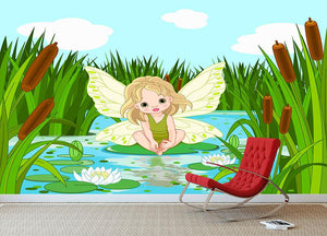 cute fairy sitting in leaf of lily Wall Mural Wallpaper - Canvas Art Rocks - 3