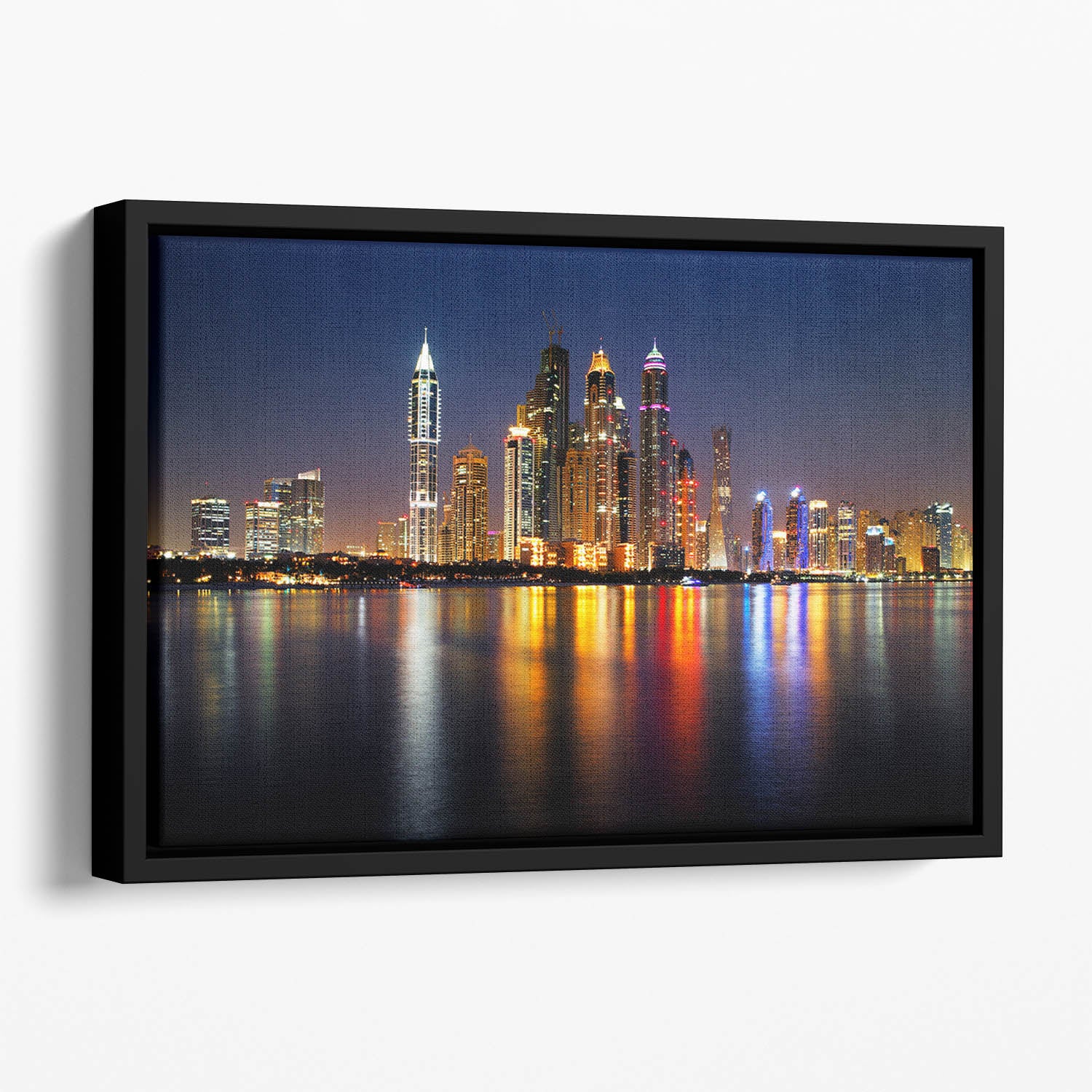 dusk Palm Jumeirah skyline view Floating Framed Canvas