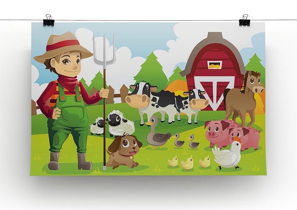 farmer at his farm with a bunch of farm animals Canvas Print or Poster - Canvas Art Rocks - 2