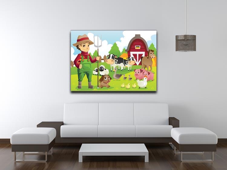 farmer at his farm with a bunch of farm animals Canvas Print or Poster - Canvas Art Rocks - 4
