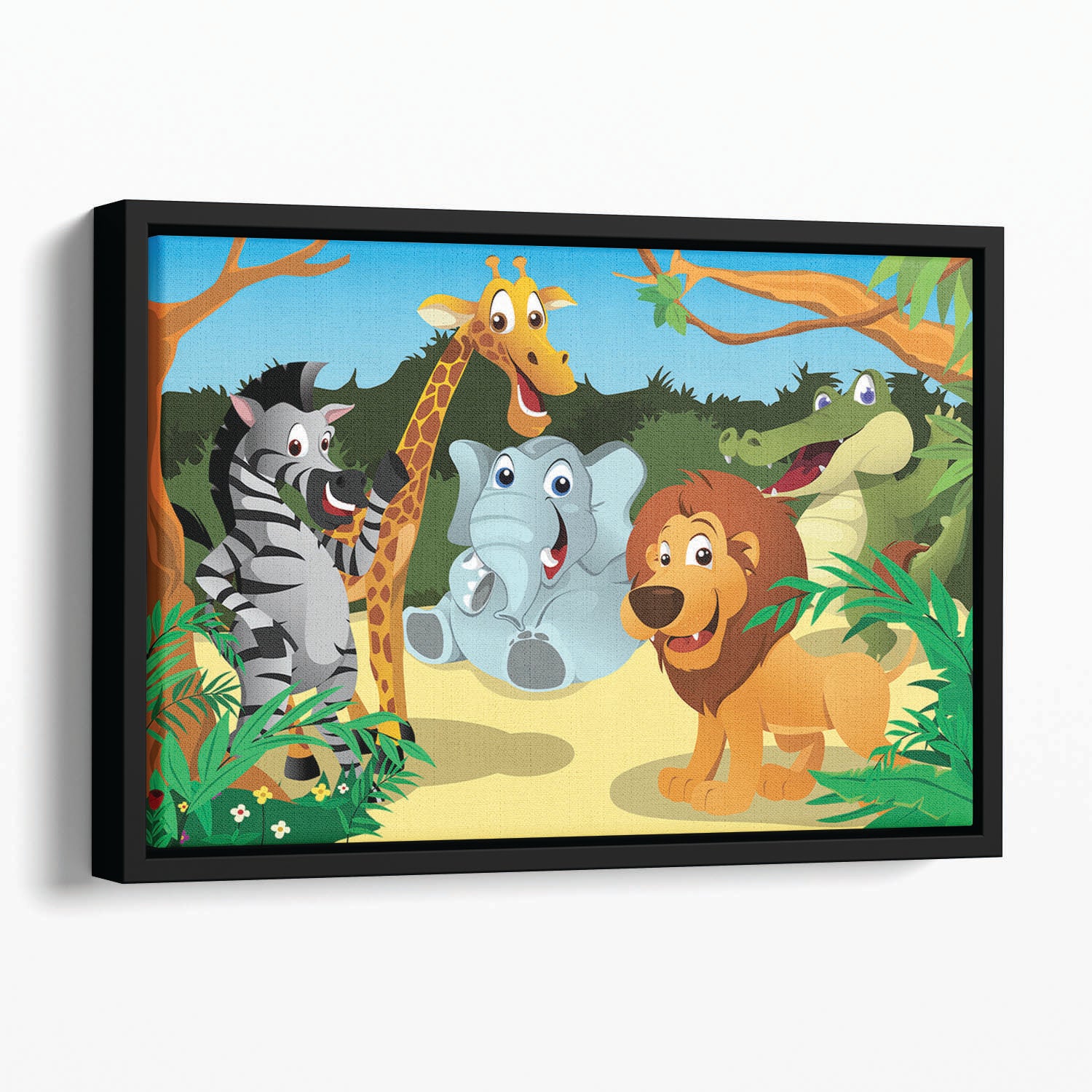 group of wild African animals in the jungle Floating Framed Canvas