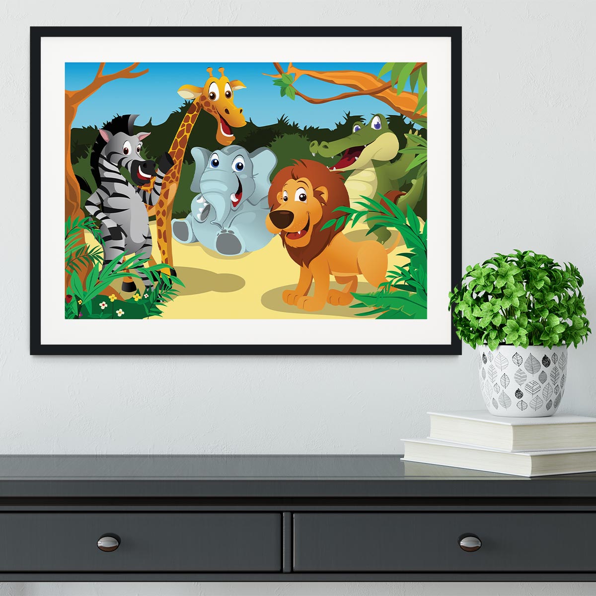 group of wild African animals in the jungle Framed Print - Canvas Art Rocks - 1